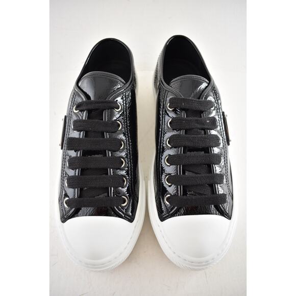 Prada Smash Naplak Black White Patent Logo Flat Low Top Trainer Sneaker 39.5 - Picture 8 of 16